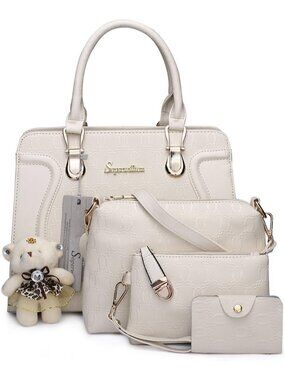 Women's Beige 4Pc Handbag Set Tote Shoulder Satchel Purse with Bear Charm